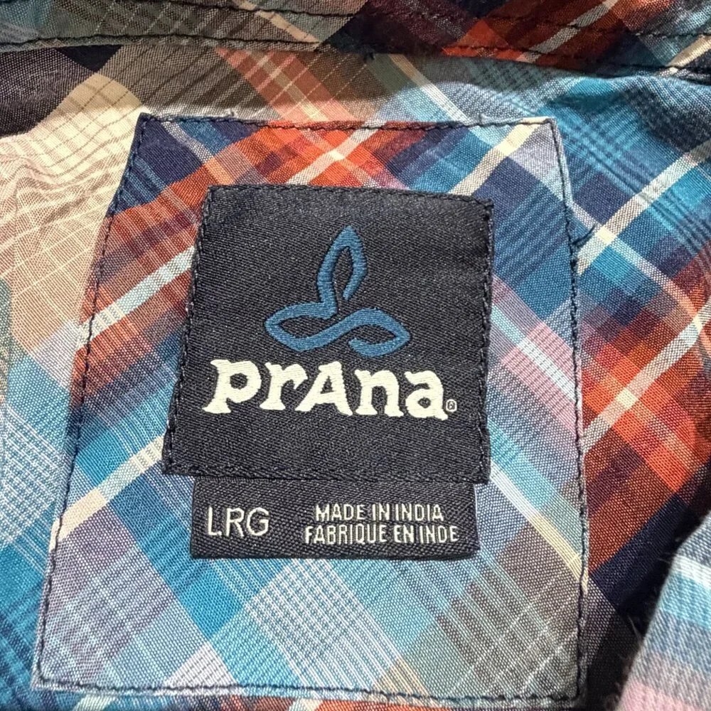 PrAna Mens Large Plaid Short Sleeve Button Down Shirt Lightweight Breathable